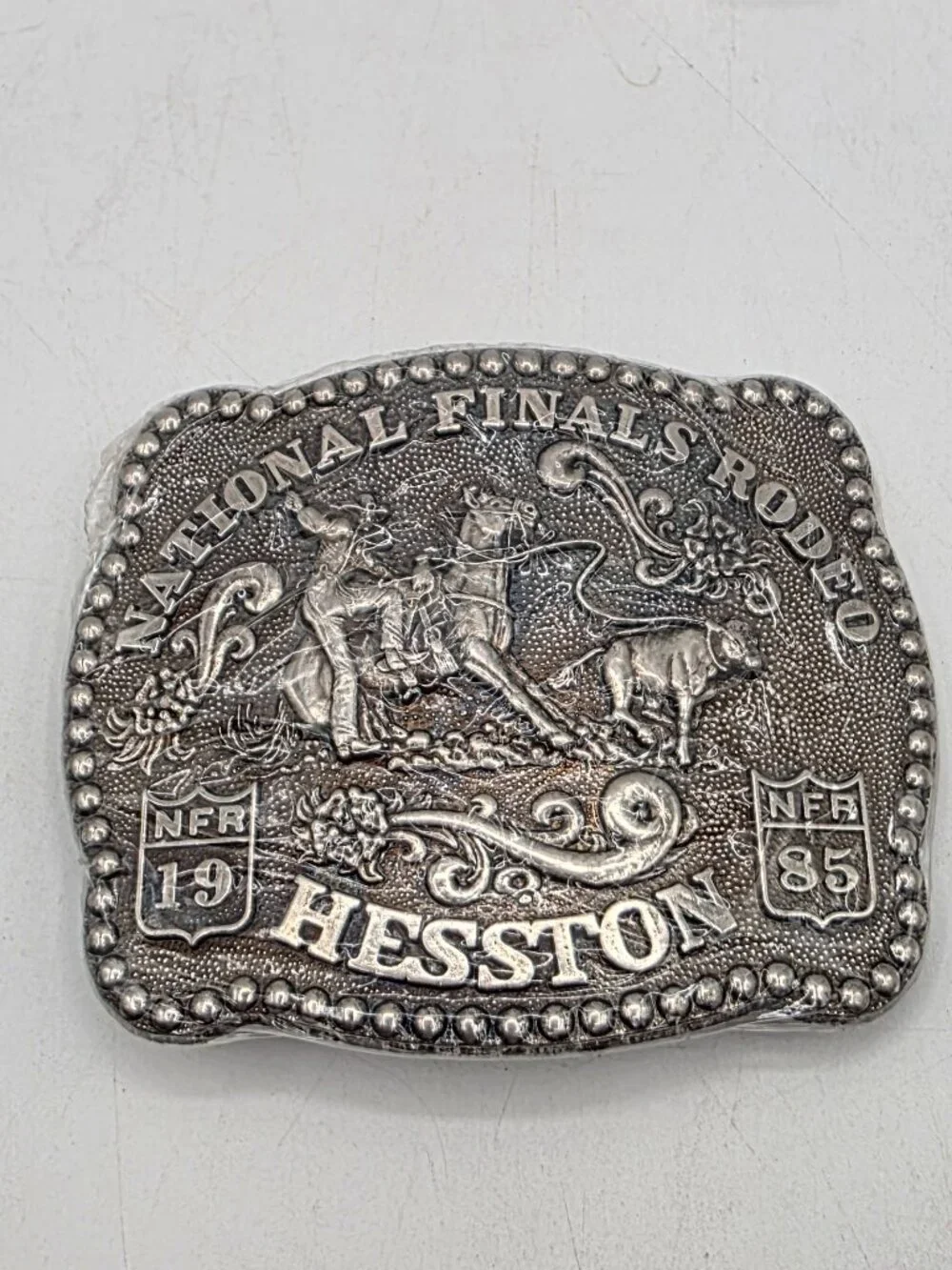 Vintage HESSTON NFR 1985 National Finals Rodeo Embossed Belt Buckle New Sealed